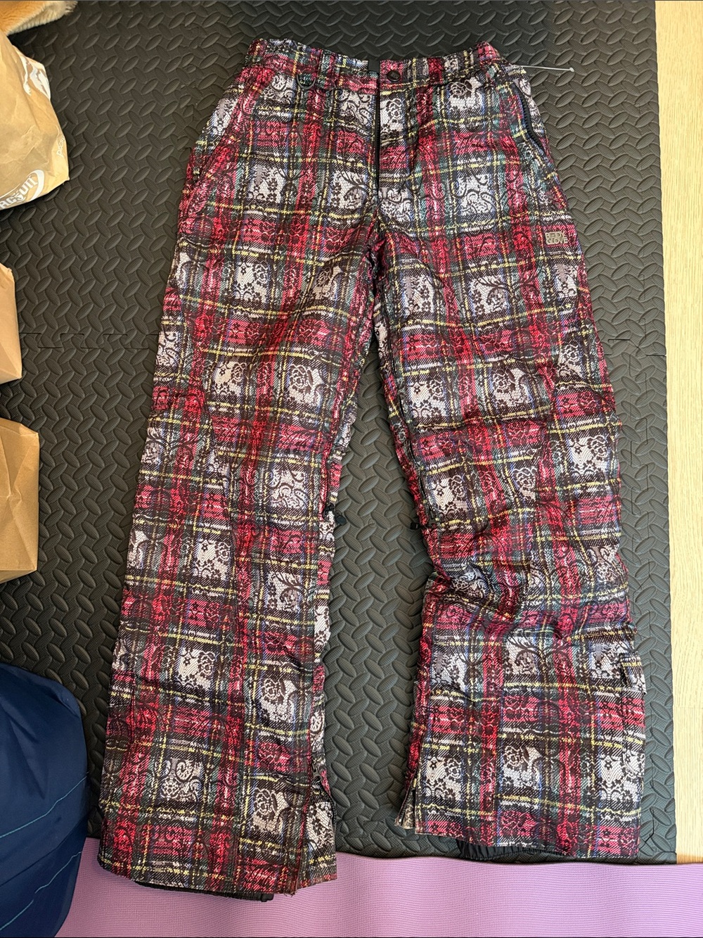 Body Glove Snow Pants. Y2K Red Plaid with Multicolor Threading and Metal Logo